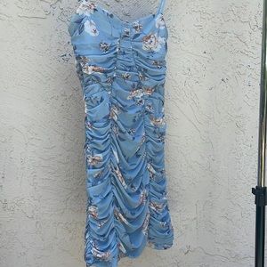 Light Blue Ruched Mini Dress with Floral Print